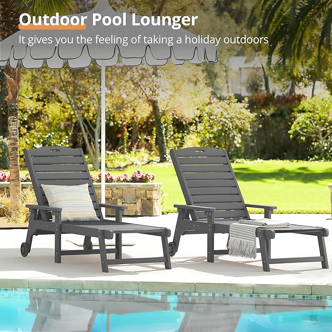 LUE BONA Outdoor Chaise Lounge Chairs Set of 4, HDPS Chaise Lounger, 5 Positions Adjustable Lounge Chairs, Pool Lounge Chair with Wheels for Poolside, 3 Year Warranty, Dark Gray