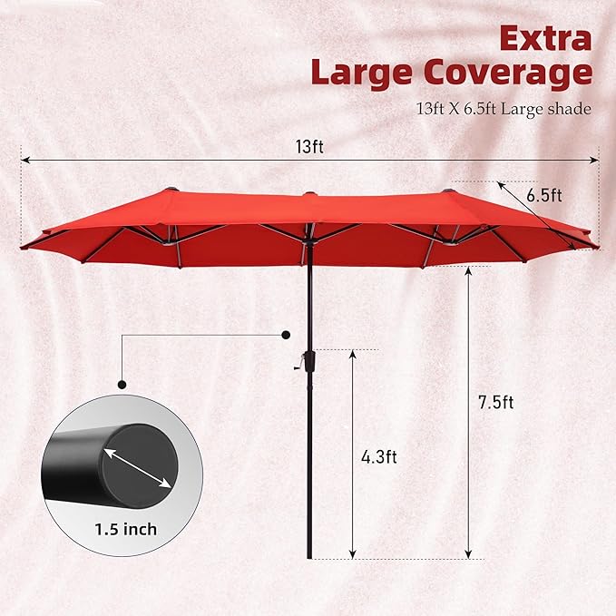 PHI VILLA 13 ft Outdoor Patio Umbrella, Large Rectangular Double-sided Market Table Twin Umbrellas with Crank Handle for Deck Pool, Orange Red