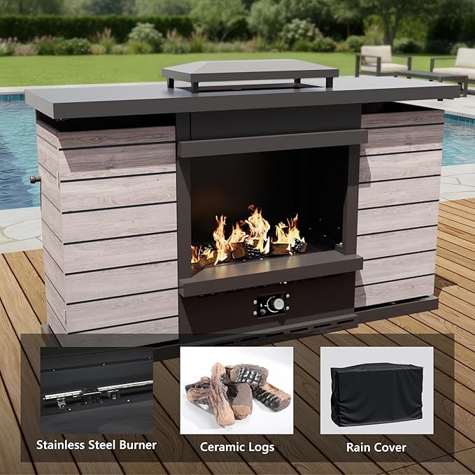 Aluminum Outdoor Conversation Furniture Set with Furniture Covers & 6" Cushions- Patio 79" Sofa with 4 Chairs & 63" Steel Propane Fireplace, 50,000 BTU Fire Pit with CSA Certified (Beige)