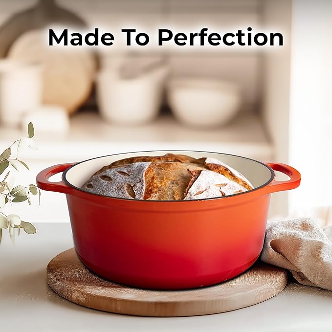 Zulay Kitchen 6 Quart Enameled Cast Iron Dutch Oven Pot with Lid – Premium Durability & Oven Safe up to 500°F – Heavy Duty Cookware Perfect for Bread Baking, Stews, Braising & Roasting – Orange