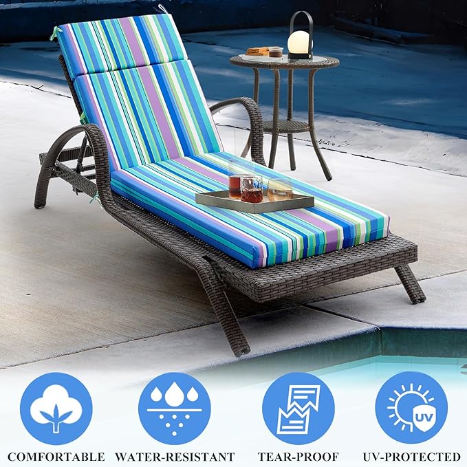 FILUXE Chaise Lounge Cushions Outdoor Furniture, High-Density Foam Chair Cushion with Ties, Weather & Fade Resistant - Patio Recliner Chairs Cushions for Lawn, Pool & Beach 80x26x3 Inch, Stripe Blue