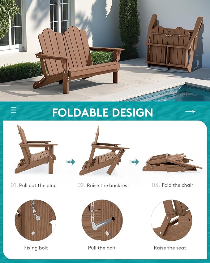 SERWALL 3 Pieces Patio Adirondack Bench Set, 2 Folding Adirondack Bench and 1 Coffee Table Set for Front Porch Garden Balcony Backyard, Brown