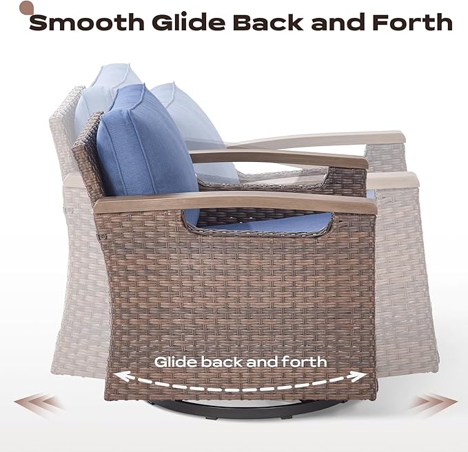 Rilyson Outdoor Patio Swivel Rocking Chairs Set of 2, Patio Bistro Set with All Weather Wicker, Metal Armrest, Deep Seating, Thick Cushions, Side Table, Ideal for Deck Porch Backyard, Brown/Blue