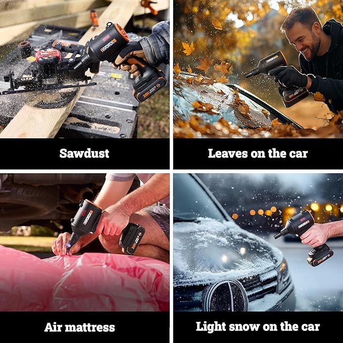 WORX Cordless Blower/Inflator, 20V 39 CFM 470 MPH Brushless High Speed Portable Dust Cleaner for Workshop, Lawn, Yard, Home, Lightweight Handheld Blower, Tool Only, PowerShare