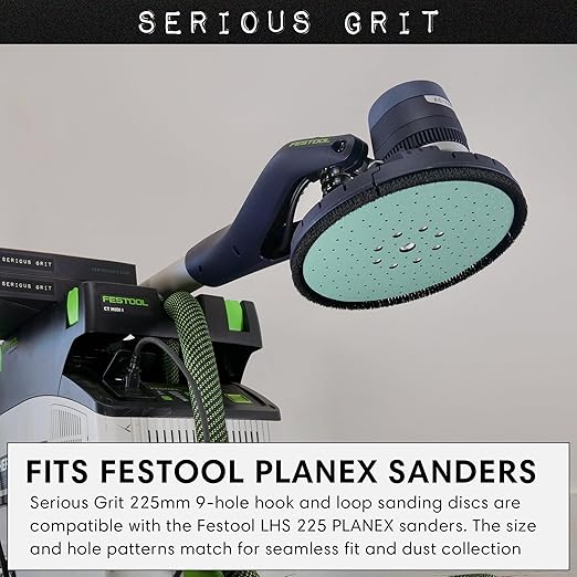 Serious Grit - 225mm 9-Hole 180 Grit Drywall Sanding Discs - Fits Festool Planex LHS 225 Sanders - Heavy-Duty Hook & Loop Film Abrasives - Dust-Free Multi-Hole Drywall Sander Sandpaper - 25 Pack