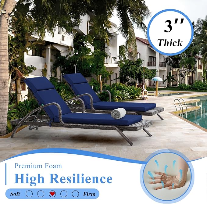 FILUXE Chaise Lounge Cushions Outdoor Furniture, High-Density Foam Chair Cushion with Ties, Weather & Fade Resistant - Patio Recliner Chairs Cushions for Lawn, Pool & Beach 80x26x3 Inch, Royal Blue