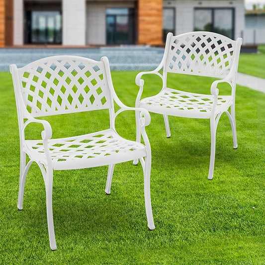 Bistro Chairs Set of 2 with Armrest Outdoor Metal Patio Dining Chairs,Cast Aluminum Patio Bistro Chair with Adjustable Feet,Bistro Dining Chair for Garden,White