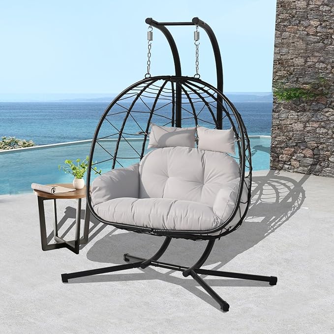 Double Hammock Egg Chair 2 Person Egg Chair Indoor Outdoor Swing with Stand Patio Wicker Hanging Chair Widened and Enlarged for Balcony Bedroom Porch Adults Kids