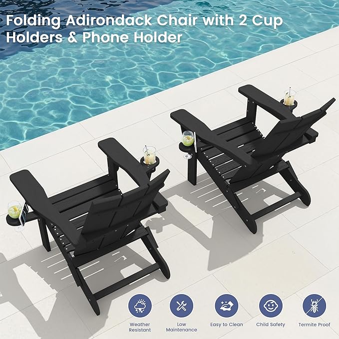 SERWALL Adirondack Chair with Dual Cup Holders, Folding Modern Adirondack Chair, HDPE Outdoor Fire Pit Chair for All Weather Using, Black