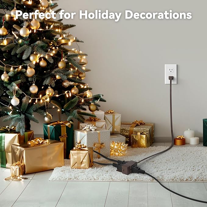 BN-LINK 9ft Indoor Extension Cord, 2 Pack, 3-Outlet Polarized Flat Cable, Household Power Cord for Home, Office, and Holiday Decorations, Brown