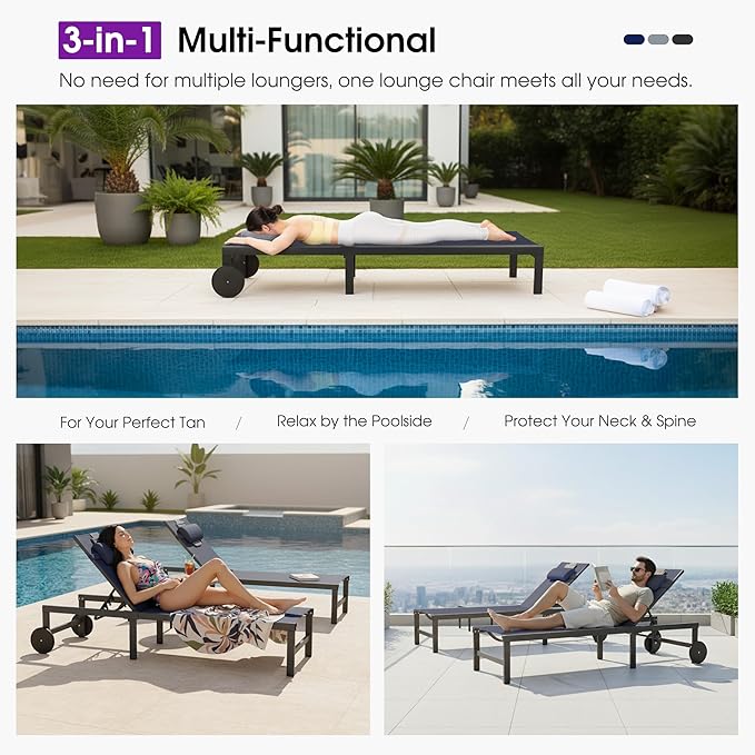 PURPLE LEAF Tanning Chair with Face Hole Pillow and Wheels Headrest Aluminum Patio Chaise Lounge Chairs Adjustable 5-Position Lay Flat Outdoor Sunbathing Lounge Chair for Beach Pool Navy Blue