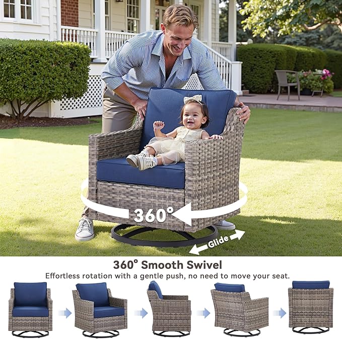 Patio Furniture Set with 42.5" Fire Pit Table-6 Pieces All Weather Wicker Outdoor Furniture with High Back Swivel Patio Chairs Set of 2 Outdoor Couch for Deck Balcony Backyard Blue/Gray