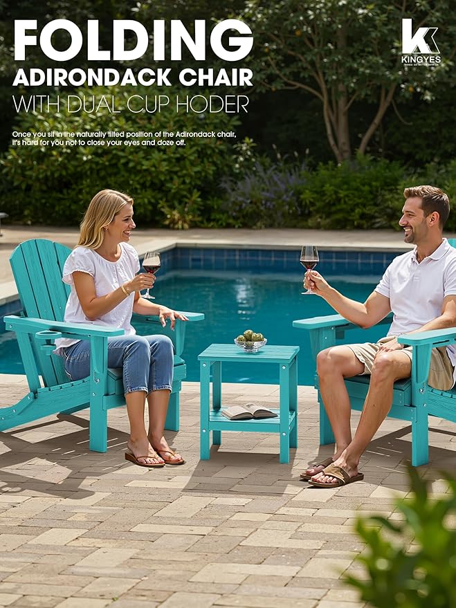 KINGYES Folding Adirondack Chair Set of 6, Dual Cup Holders & All-Weather HDPE, Wood-Like Patio Chair for Backyard, Camping, Pool & Fire Pit, Aruba