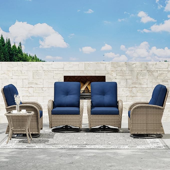 Joyside Outdoor Swivel Rocker Chairs, 6 Piece Wicker Patio Set with Thick Cushion and Side Table, Rattan Patio Swivel Rocking Chairs for Porch, Deck Use (Natural/Blue, 6 PCS)