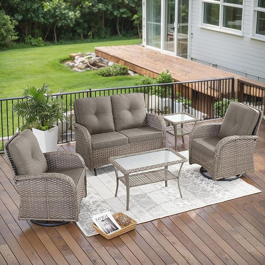 Belord 5 Piece Outdoor Patio Furniture Set with Deep Seating Swivel Rocker Chairs Loveseat and Rattan Coffee Table Outdoor Conversation Sets for Deck Backyard Poolside,Gray Wicker Gray Cushion