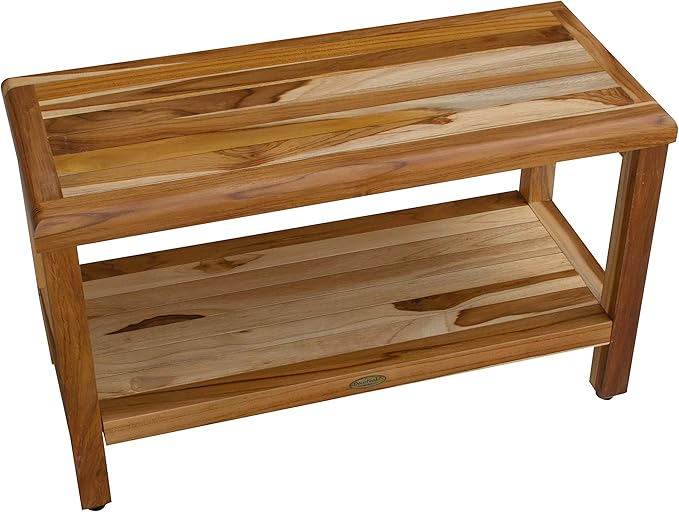EcoDecors Eleganto 30 Inch Natural Color Waterproof Teak Wood Shower Bench Stool Seat Chair For Inside Shower Provides Safety, Storage, and Organization For Bathroom Accessories
