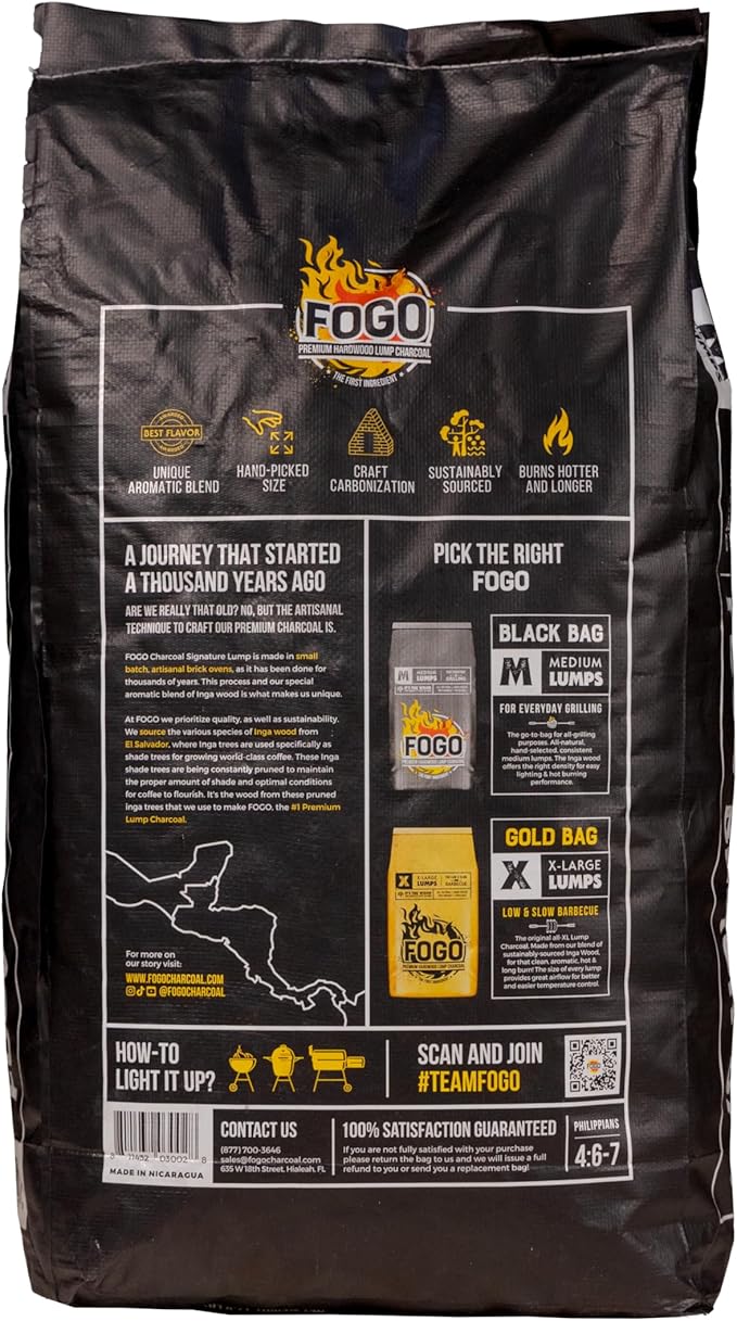 FOGO Premium Hardwood Lump Charcoal, Natural, Medium and Small Sized Lump Charcoal for Grilling and Smoking, Restaurant Quality, 17.6 Pound Bag, 2-Pack