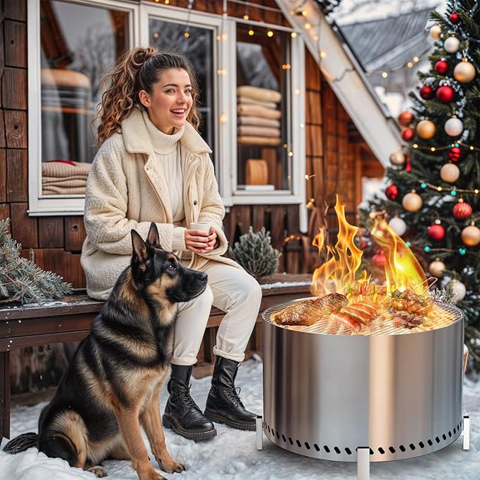 HGD 27.5" Smokeless Fire Pit Outdoor, Stainless Steel Wood Burning Firepit with Secondary Combustion, Backyard Patio Stove for Garden, BBQ & Bonfire