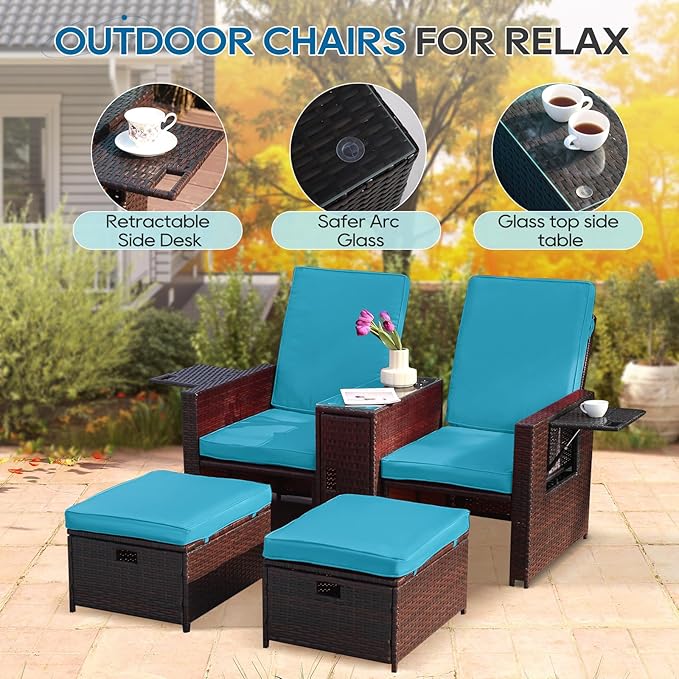5PCS Outdoor Wicker Chaise Lounge Chair - Rattan Adjustable Reclining Patio Lounge Chair with Ottoman and Coffee Table, for Patio Beach Pool Backyard (Brown Wicker Turquoise Cushion)