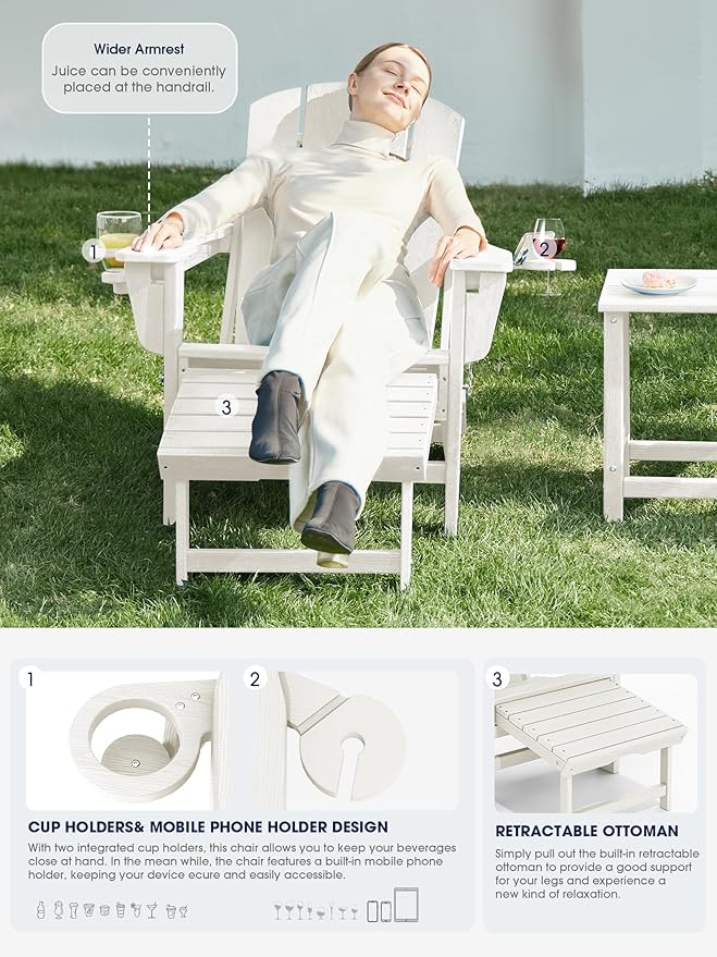 KINGYES Folding Adjustable Adirondack Chair with Ottoman & 2 Cup Holders, HDEP Multifunctional Adirondack Chair with Footrest, White