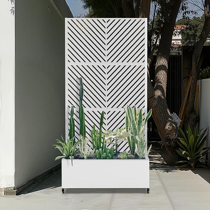 Metal Raised Garden Beds Outdoor with Trellis & Wheels, Planter Box with Privacy Screen, Drainage Holes for Vegetables, Flowers, Vines (35" L×16" W×71" H, White Parallel)