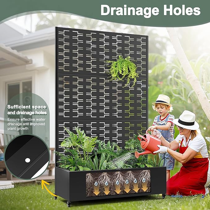 Metal Large Planter Box with Trellis, Raised Garden Beds with Privacy Screen & Wheels for Outdoor Plants, Planter Boxes with Drainage Holes (47" L×16" W×71" H, Black Rectangle)