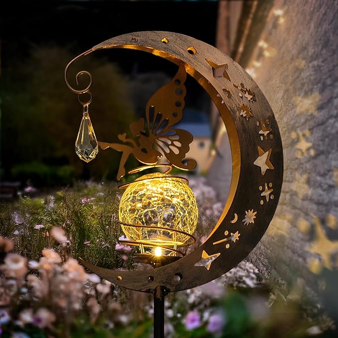 Moon Solar Lights Outdoor Waterproof Metal Fairy Moon Solar Lanterns for Garden, Patio, Yard, Gift for Women, Mom, Family Solar Powered, Durable, Garden Decor
