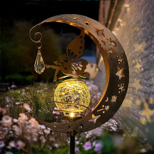 Moon Solar Lights Outdoor Waterproof Metal Fairy Moon Solar Lanterns for Garden, Patio, Yard, Gift for Women, Mom, Family Solar Powered, Durable, Garden Decor