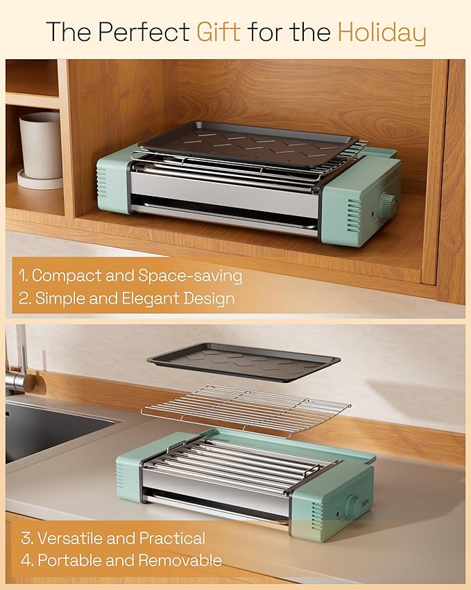 HBN 3-in-1 Hot Dog Roller Grill Machine with Nonstick Plate & Grill Rack, 800W Compact Indoor Electric Sausage Griller for Kitchen, Home, Small Space Use (Cyan)
