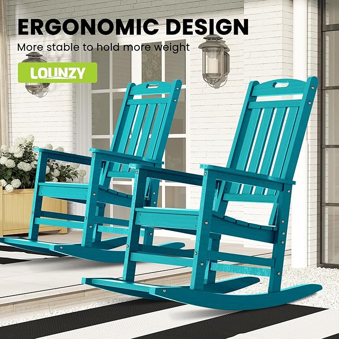 LOUNZY Outdoor Rocking Chair, HDPE Patio Rocking Chair with Footboard for Adults, All Weather Heavy Duty Front Porch Rocker, Aruba