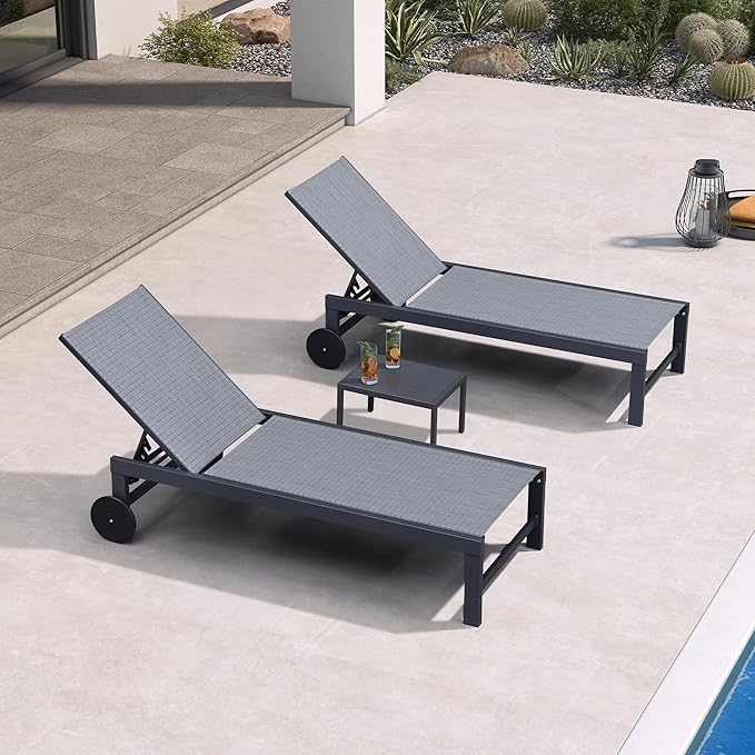 PURPLE LEAF 3 Pieces Outdoor Chaise Lounge with Wheels for Outside Aluminum Patio Lounge Chair with 5 Adjustable Position Recliner for Patio Yard Pool Side Table Included Mixed Grey