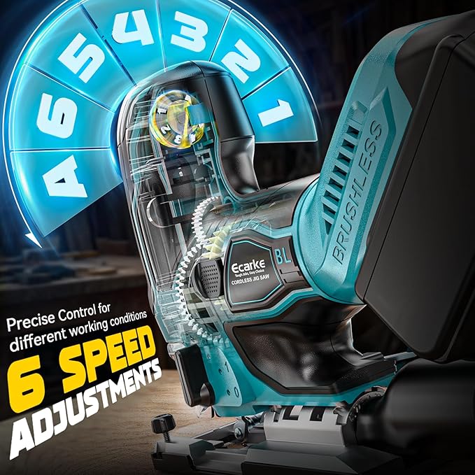 Ecarke Cordless&Brushless Jig Saw Compatible With Makita 18V Battery, 3800RPM, 7 Speeds Dial Control, Free-Tool ±45° Bevel Cuts, 4 Orbital Action, Dust Blows and 6 Blades For Cutting (Exclude Battery)