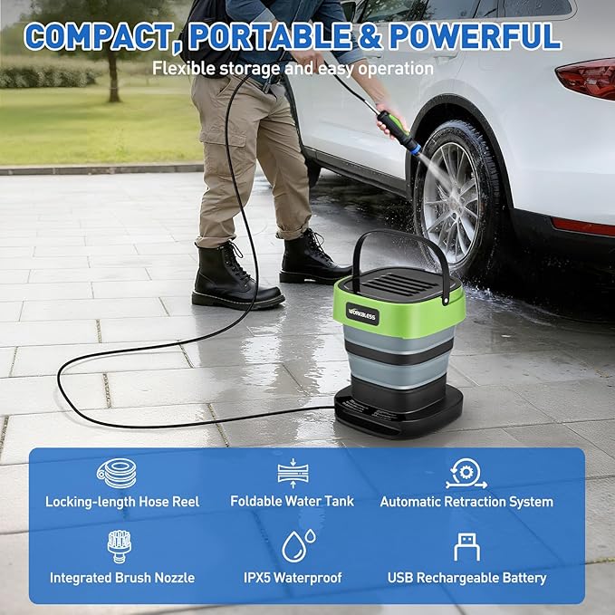 Cordless Electric Sprayer, Portable Water Sprayer with 3.2gal Water Tank, Auto-Rewind Hose Reel, Portable Cordless Pressure Washer for Cars, Bikes, Garden, Camping(2 Extra Brushes)