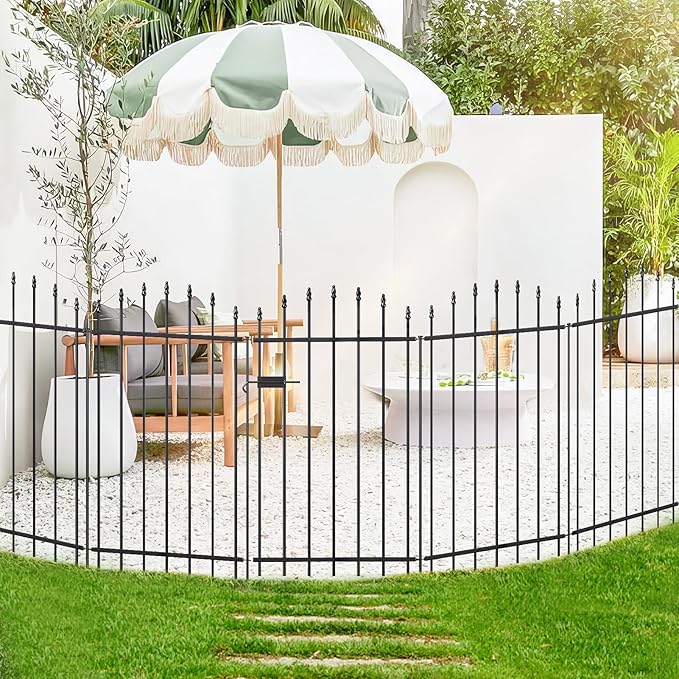 Metal Garden Fence with Gate 42 in H x 12 ft L, 1 Gate + 5 Panels Border Dog Fence Panels Animal Barrier, No Dig Garden Fencing for Yard Patio Flower Bed Lawn Outdoor, Arch Black