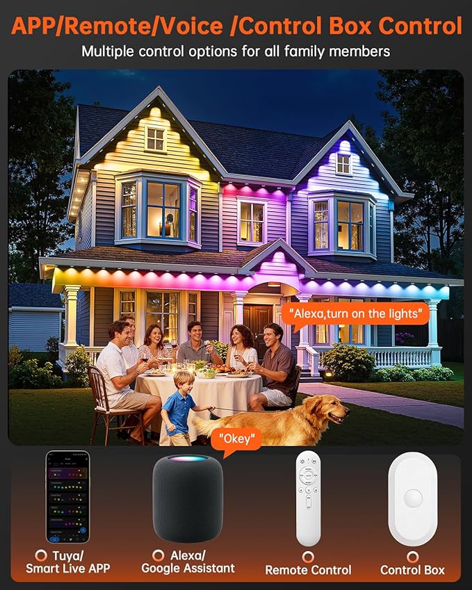 YAYZA! Permanent Outdoor Lights Pro,100ft 72 LED Smart RGB+IC+Warm/Cool White Christmas Eave Lights, 135lm, Music Sync & DIY Scenes, IP67 Waterproof for Outside Decor Works with Alexa,Google, Remote
