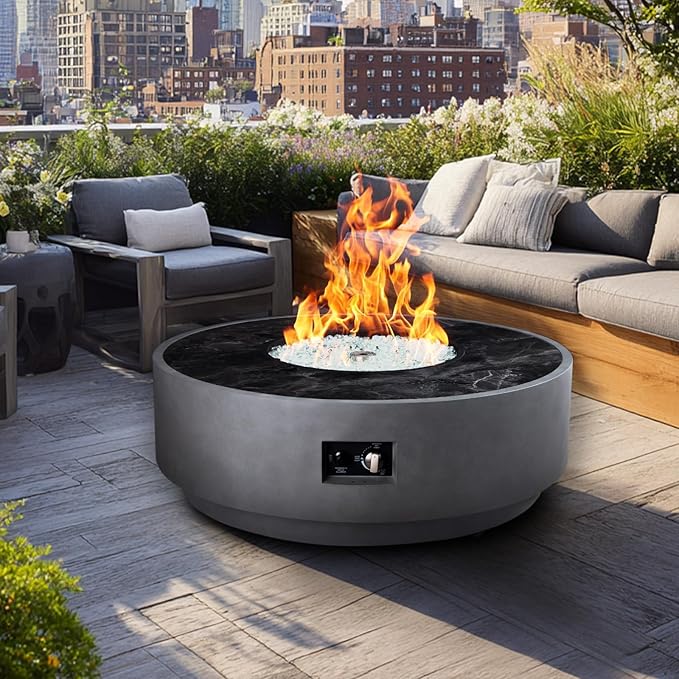 42 Inch Fire Pit Table, Outdoor Propane Fire Pit Table 2 in 1 65,000 BTU Round Gas Firepit, w/Lid, Wind Guard, Glass Rocks, Cover, for Garden, Patio, Grey
