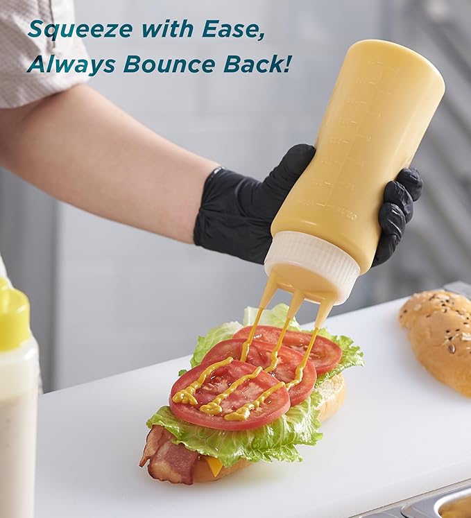 CURTA 6-Pack 16 oz Clear Squeeze Bottle with 3 Open Tips, BPA-Free Easy-to-Squeeze Plastic Condiment Dispenser with oz & ml Markings for Sauce, Oil, Dressing, Dishwasher Safe, Yellow