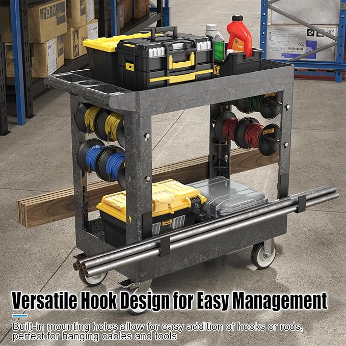 Large Garage Plastic Utility Cart, Heavy Duty 2 Shelf Tool Cart Service Cart Rolling Push Carts with Ergonomic Handle 5" Swivel Casters.