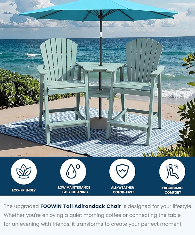 FOOWIN Tall Adirondack Chair Set of 2, All Weather HDPE Bar Height Adirondack Chair with Double Connecting Trays, Adirondack Barstools for Balcony, Deck, Backyard, Patio, Garden Aruban Blue