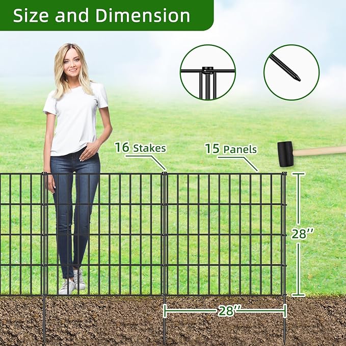 Metal Garden Fence 28in (H) x 35ft (L), 15 Panels + 16 Stakes Dog Fence Border Fence Animal Barrier, No Dig Garden Fencing for Yard Flower Bed Lawn Patio Outdoor, PIN282815 Black