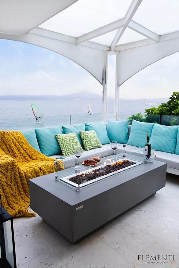 Elementi | Bundle Granville Gas Fire Pit Cast Concrete 60" Rectangular Fire Table, Outdoor Fire Pit Electronic Ignition | Canvas Cover, Lava Rock Included | Light Gray (Propane Gas)