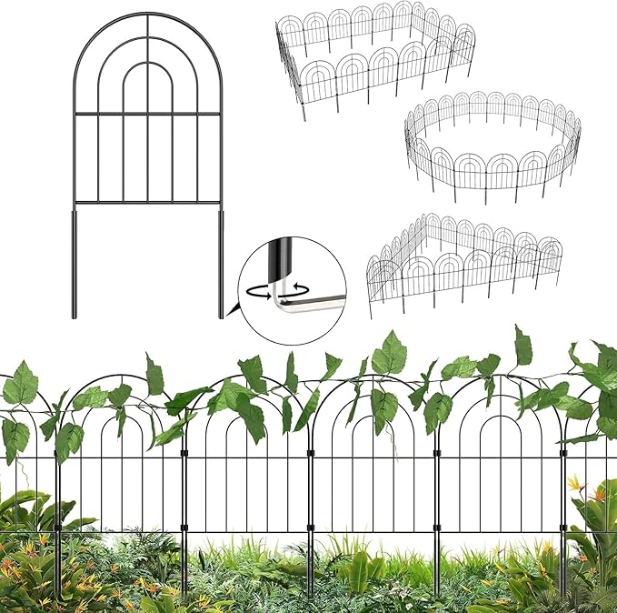 Decorative Garden Fence 20 Pack, Total 20ft(L) x 24in (H) No Dig Rustproof Metal Wire Fencing Border Animal Barrier, Flower Edging for Landscape Patio Yard Outdoor Decor, with 32ft Leaves