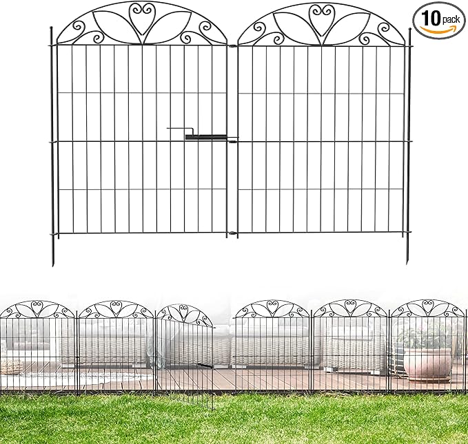 10 Panels No Dig Decorative Outdoor Garden Fence with Gate, 40 in(H) X 23.6 ft(L) Animal Barrier Fencing, Rustproof Portable Fence, Temporary Dog Fence Outdoor for Yard, Outside, Backyard