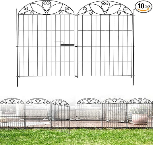 10 Panels No Dig Decorative Outdoor Garden Fence with Gate, 40 in(H) X 23.6 ft(L) Animal Barrier Fencing, Rustproof Portable Fence, Temporary Dog Fence Outdoor for Yard, Outside, Backyard