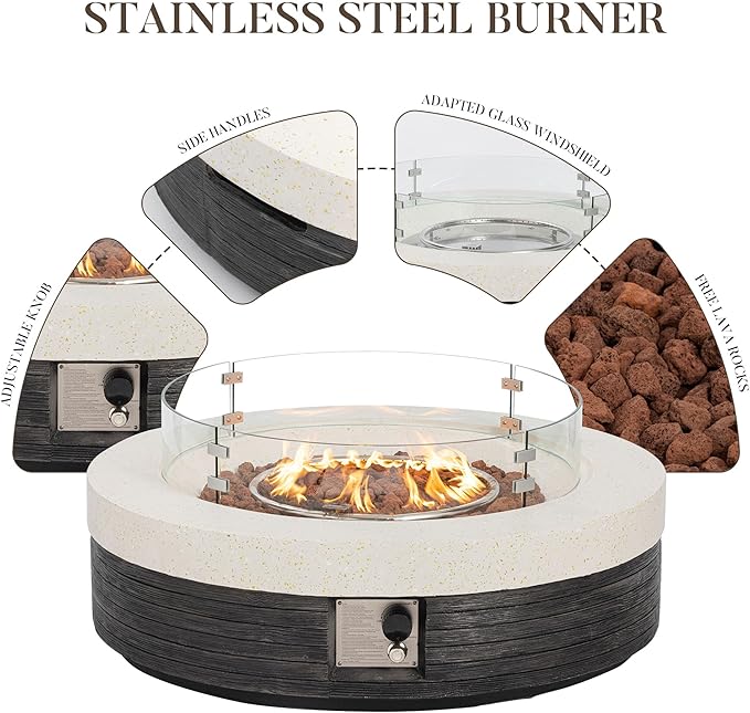 COSIEST 42" Outdoor Propane Fire Pit Table w Tank Cover & Wind Guard, Round Gas Fire Pit Table with Concrete & Wood Grain Design, 50000BTU Fire Tables for Patio, Backyard, Garden