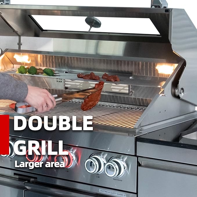 85-Inch 6-Burner 85000 BTU Deluxe Stainless Steel Gas Outdoor Kitchen Bar Barbecue Island Grill, Wine Cooler Compact Refrigerator, Rotisserie, Granite Countertops, Storage Cabinets & Drawers, Silver