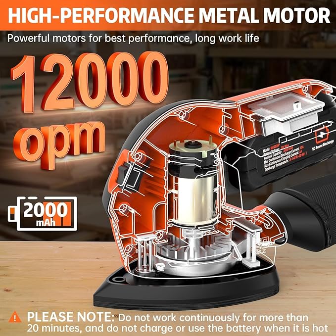THINKWORK Cordless Detail Sander - 20V/2.0 Ah Battery Sander, 12000 RPM Electric Palm Sander with Dust Collection System for Sanding Tight Spaces on Wood Surfaces, Included 21 Sandpapers