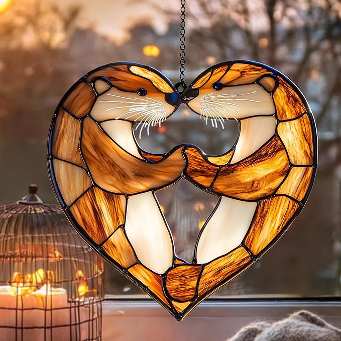 Otter Lovers Christmas Ornament Animal Suncatcher Couple Window Hanging Acrylic Stained Glass Effect Art Boho Garden Decor Unique Gift for Mom Thanksgiving
