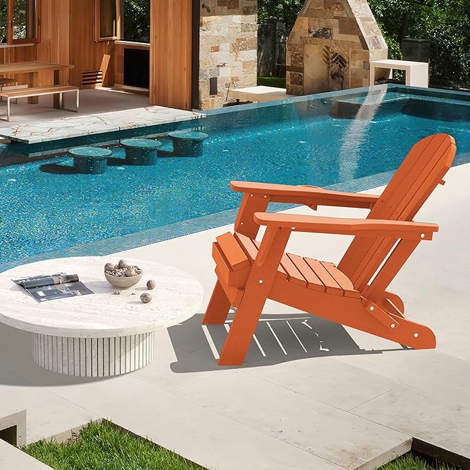 LOUNZY Folding Adirondack Chairs Set of 2, HDPE All-Weather Foldadle Adirondack Chair with Cup Holders, Outdoor Patio Adirondack Chair for Deck Lawn Fire Pit, Orange