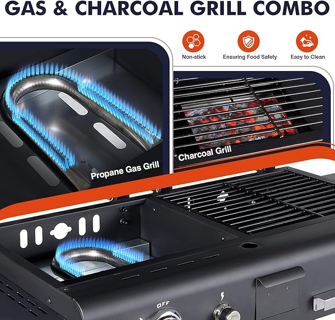Propane and Charcoal Grill Combo, Gas Griddle Grill Combo Two Fuel BBQ Grills with Long Silicone Non-Slip Grill Gloves, Dual Fuel Lids and Side Shelves